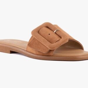 Seychelles Tan Slide Sandals with Square Buckle